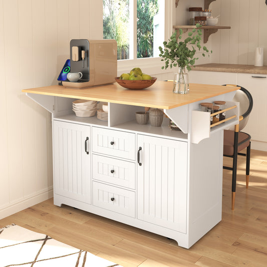 K&K Folda Island – 55.7'' White Rolling Cart with 2 Drop Leaves, Power, and Rack Storage