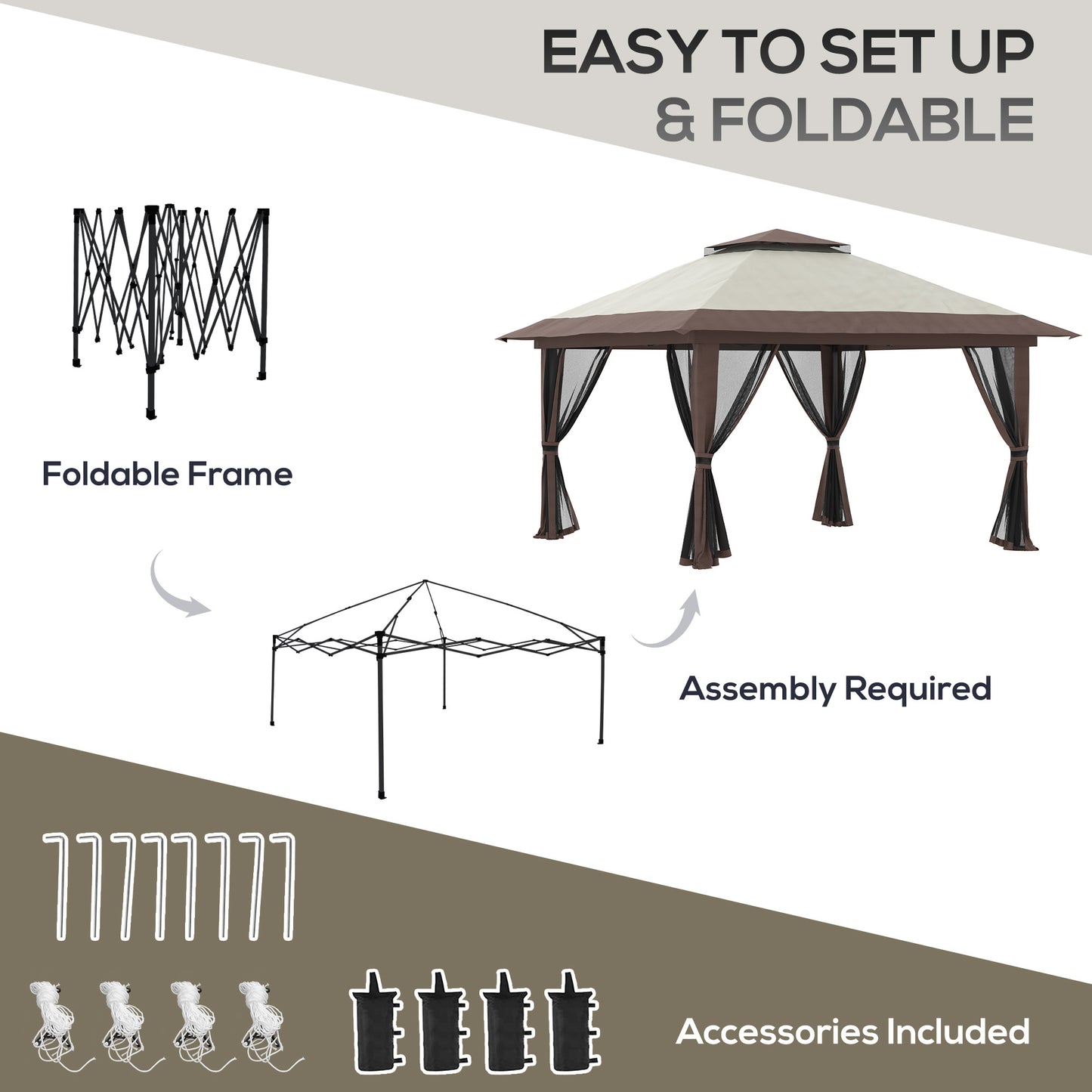 Aurelia 13' Pop - Up Canopy Gazebo – Instant Beige Shelter with Netting, Carry Bag & Sand Weights - JUSTLIVE NESTJUSTLIVE NEST