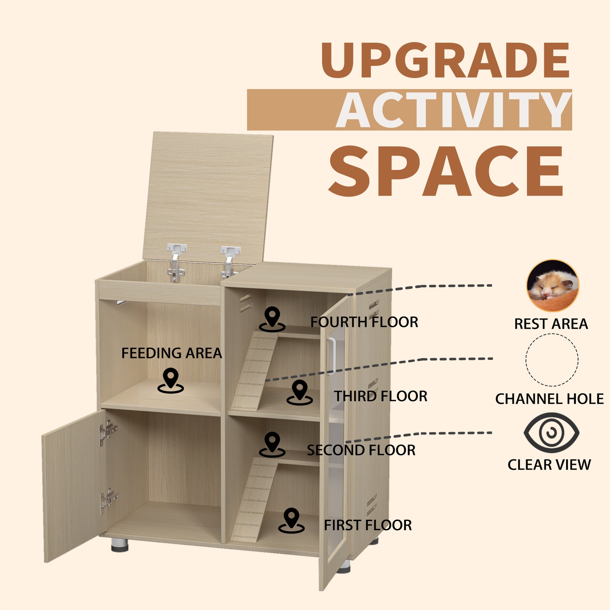 Teko Hamster Habitat Tower – 4 - Tier Teak Enclosure with Acrylic Front & Lower Storage Cabinet - JUSTLIVE NESTJUSTLIVE NEST