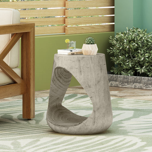 Gryno Hollow Side Table – Grey Woodlook with Sculpted Core Design