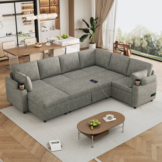 110' Expandable Comfort Lounge – Light Grey Smart Seating with Hidden Storage & Built-In Features