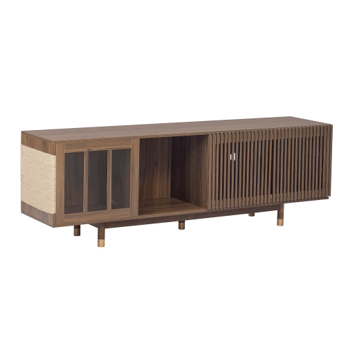 Vero Mid-Century TV Console – Walnut Pet-Friendly Stand with Flip-Down Sliding Door & Cat House