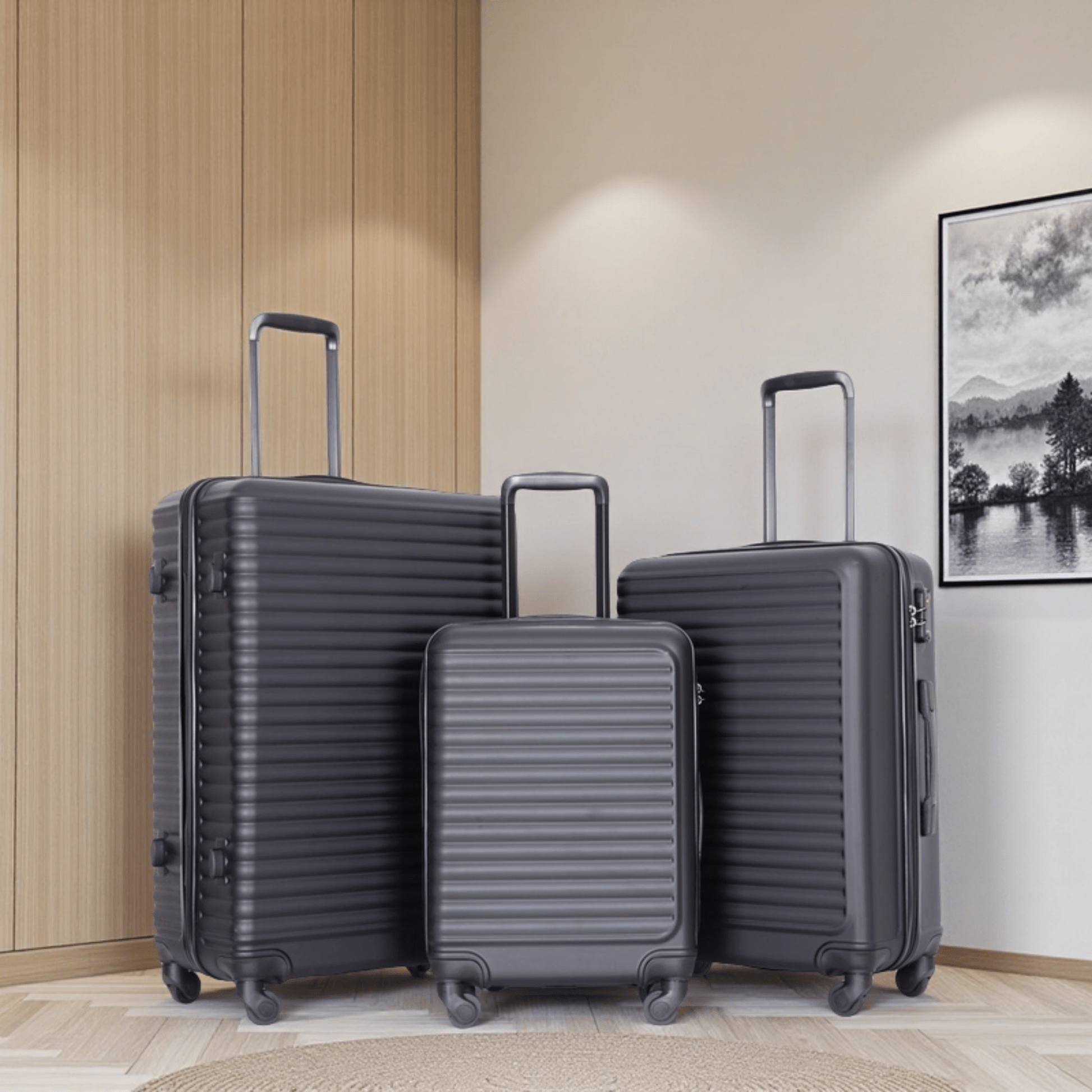 Jetera 3 - Piece ABS Luggage Set – Black Lightweight Suitcases with Spinner Wheels & TSA Lock (20"/24"/28") - JUSTLIVE NESTJUSTLIVE NEST