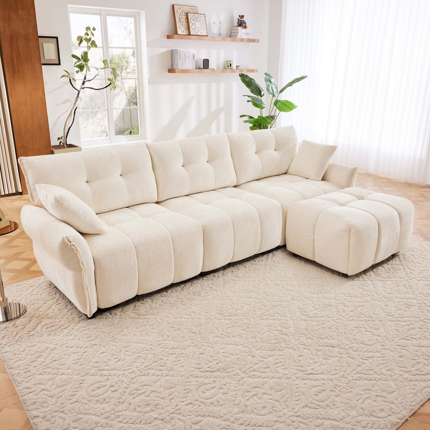 3-Seat Luxe Lounge – White Chenille Sofa with Ottoman, Accent Pillows & Solid Wood Frame