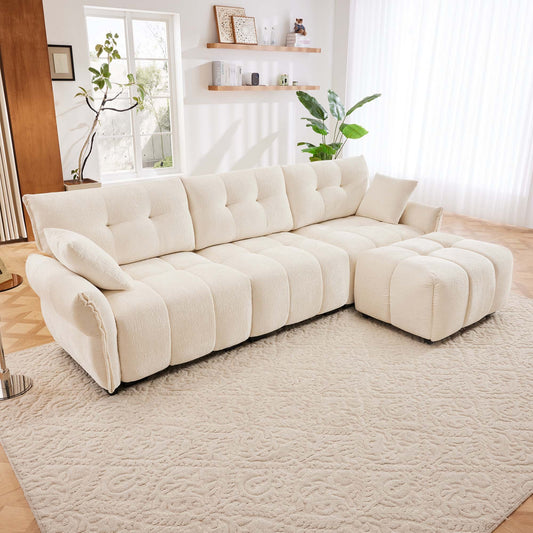 3-Seat Luxe Lounge – White Chenille Sofa with Ottoman, Accent Pillows & Solid Wood Frame