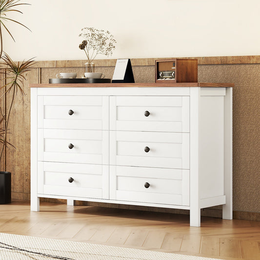 Seyla 6-Drawer Farmhouse Dresser – White + Brown Rustic Storage Chest