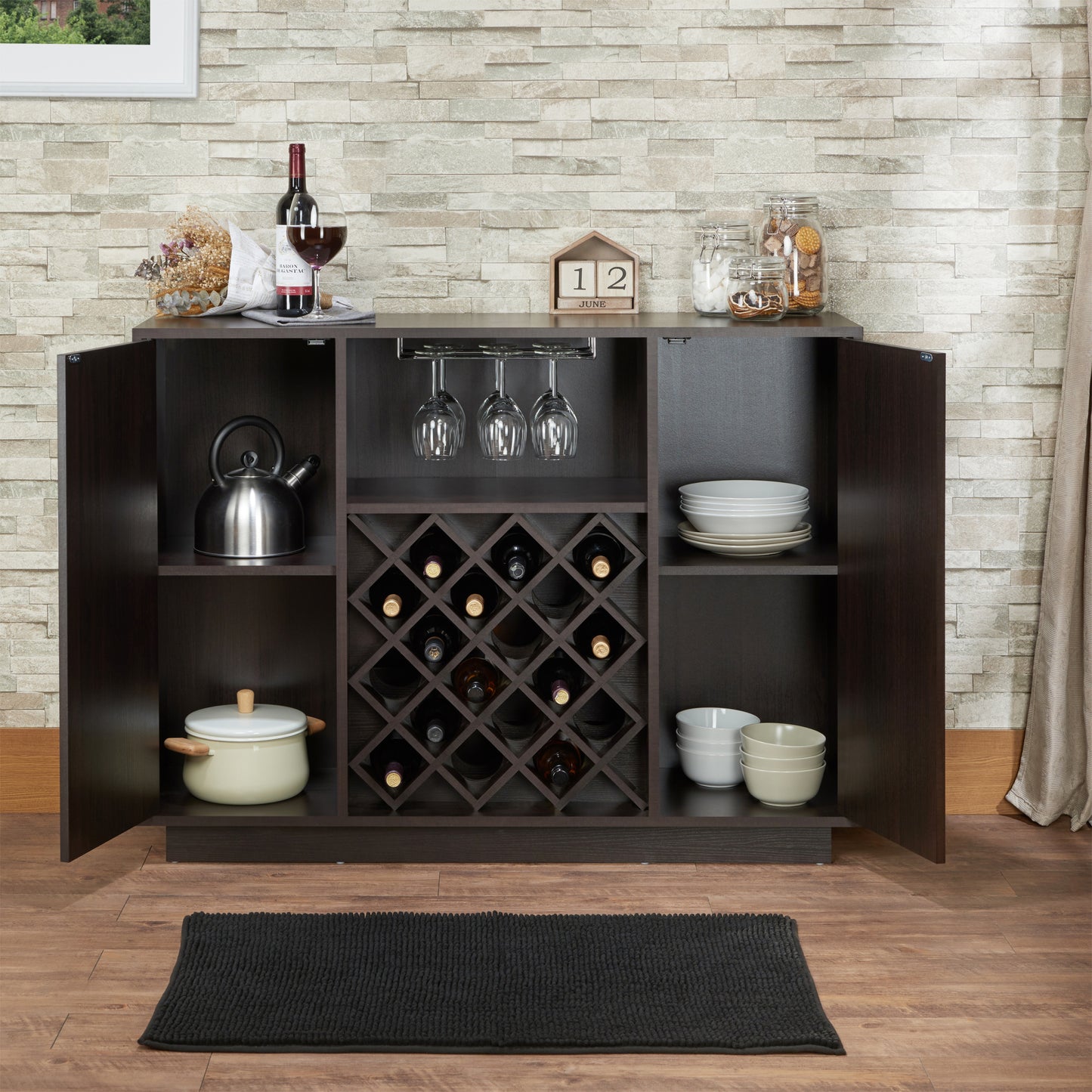 Vinza Wine Cabinet – Espresso 2-Door Bar Storage with Stemware Rack
