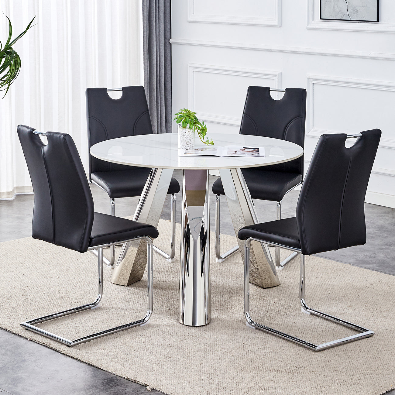 Aria 42" Round Dining Set – Brushed Silver Steel & PU Upholstered Chairs, Luxe Stone Tabletop