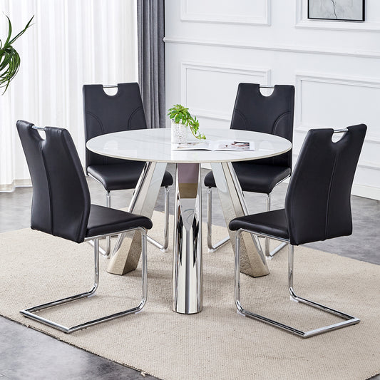 Aria 42" Round Dining Set – Brushed Silver Steel & PU Upholstered Chairs, Luxe Stone Tabletop