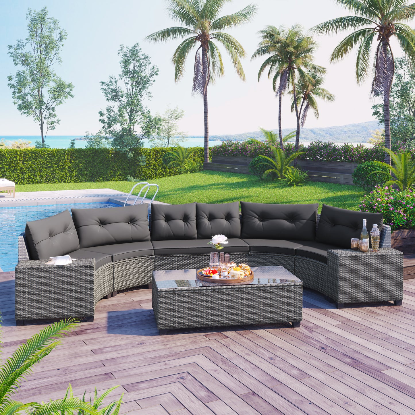 GO 8-Piece Curved Wicker Sectional – Gray Half-Moon Sofa Set with Coffee Table & Water-Resistant Cushions
