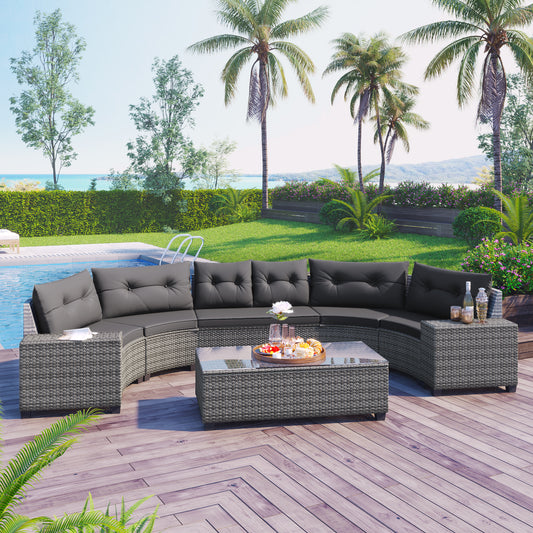 GO 8-Piece Curved Wicker Sectional – Gray Half-Moon Sofa Set with Coffee Table & Water-Resistant Cushions