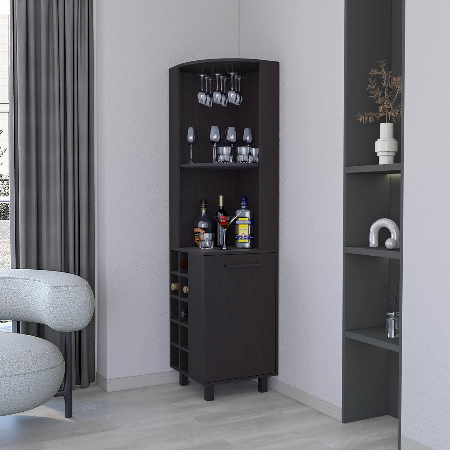 Leah Corner Bar Cabinet – Wengue Finish with Built-in Rack and Open Storage