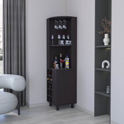 Leah Corner Bar Cabinet – Wengue Finish with Built-in Rack and Open Storage