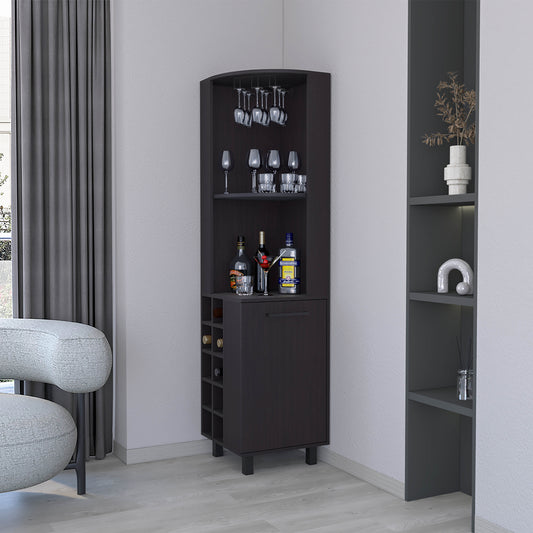 Leah Corner Bar Cabinet – Wengue Finish with Built-in Rack and Open Storage