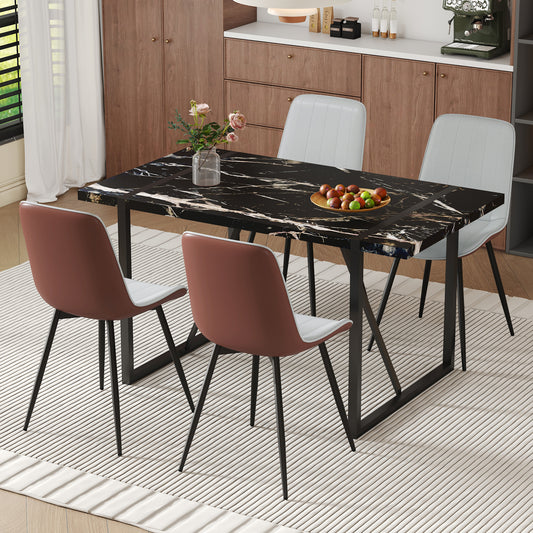 Lunex 5‑Piece Dining Set – Black Marble Table with Earthtone PU Seat Chairs
