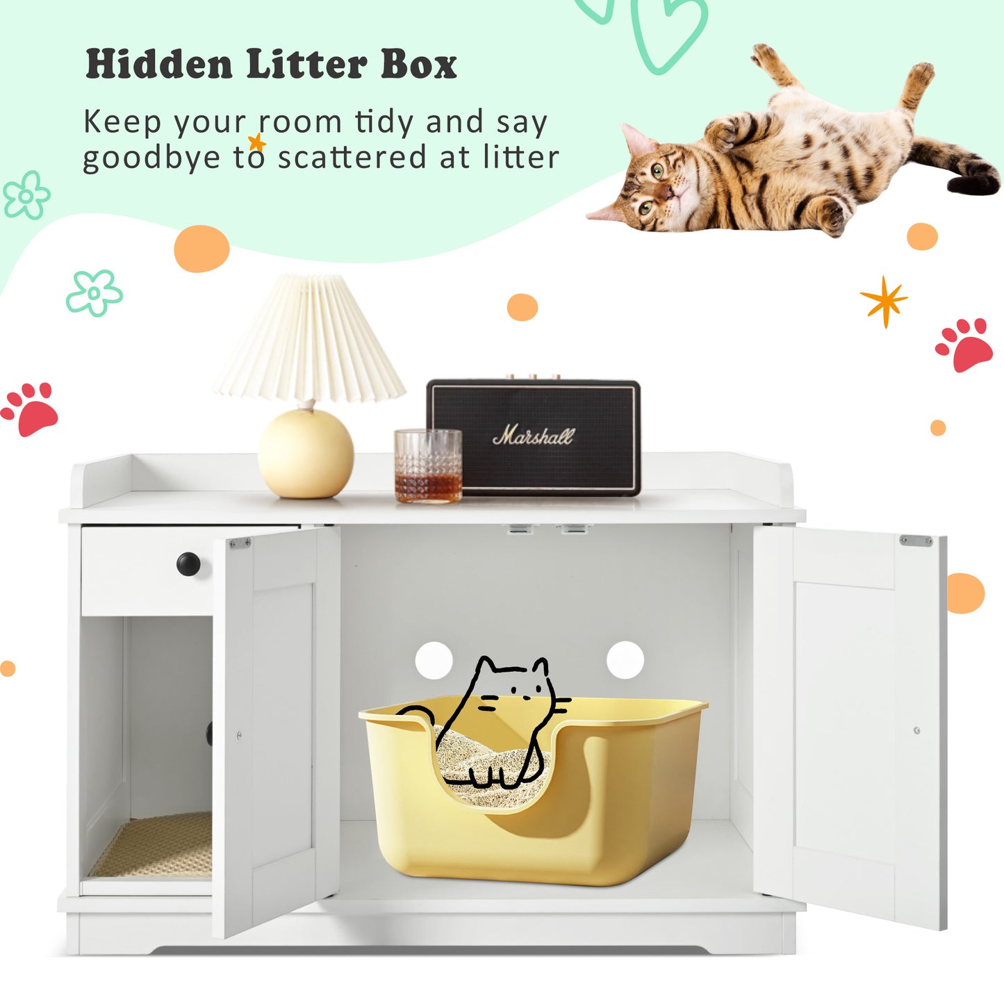 Nuvio Farmhouse Litter Cabinet – White Cat Enclosure with Drawer, Litter Mat & Side Table Functionality - JUSTLIVE NESTJUSTLIVE NEST