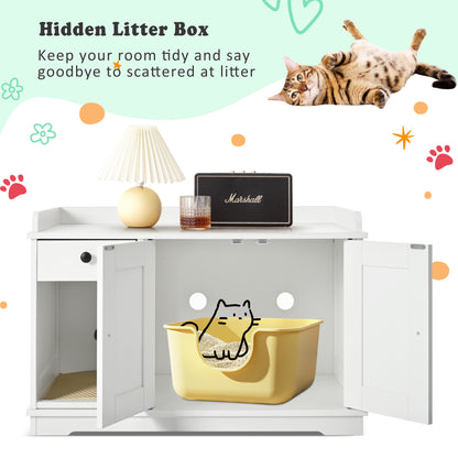 Nuvio Farmhouse Litter Cabinet – White Cat Enclosure with Drawer, Litter Mat & Side Table Functionality - JUSTLIVE NESTJUSTLIVE NEST