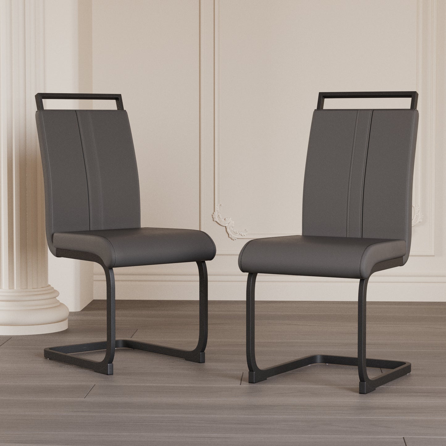 Cavia PU Dining Chairs – 2 Gray Faux Leather High-Back Seats with C-Shaped Frame