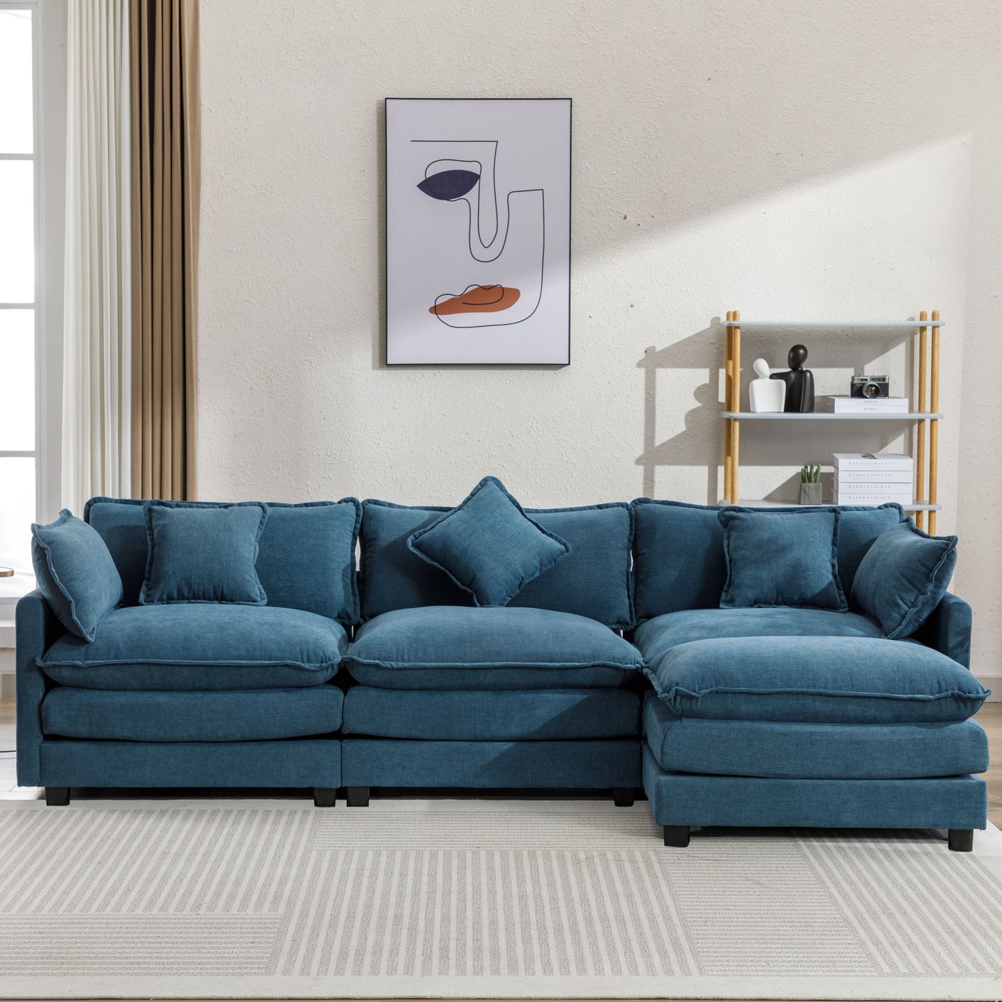 AuroraNest™ Horizon Sofa – 112' Luxe Ocean Blue Lounge Set with Ottoman, Blue