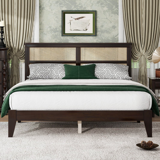 Ravella Queen Bed – Espresso Rubberwood Frame with Rattan Headboard & Support Feet