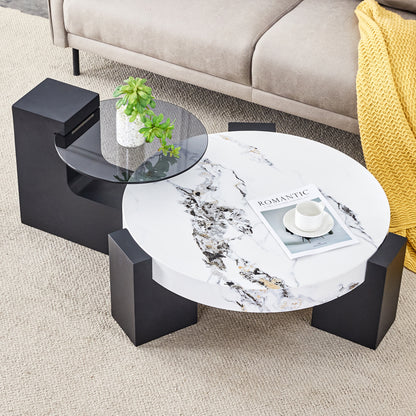 Toriva Coffee Table – Round Double-Layer with Gray Glass Top