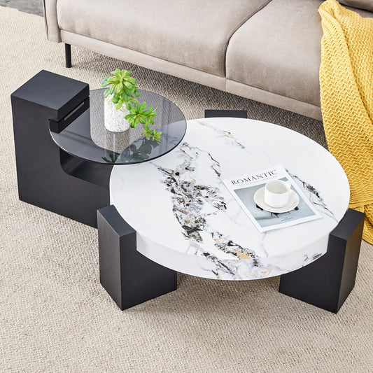 Toriva Coffee Table – Round Double-Layer with Gray Glass Top