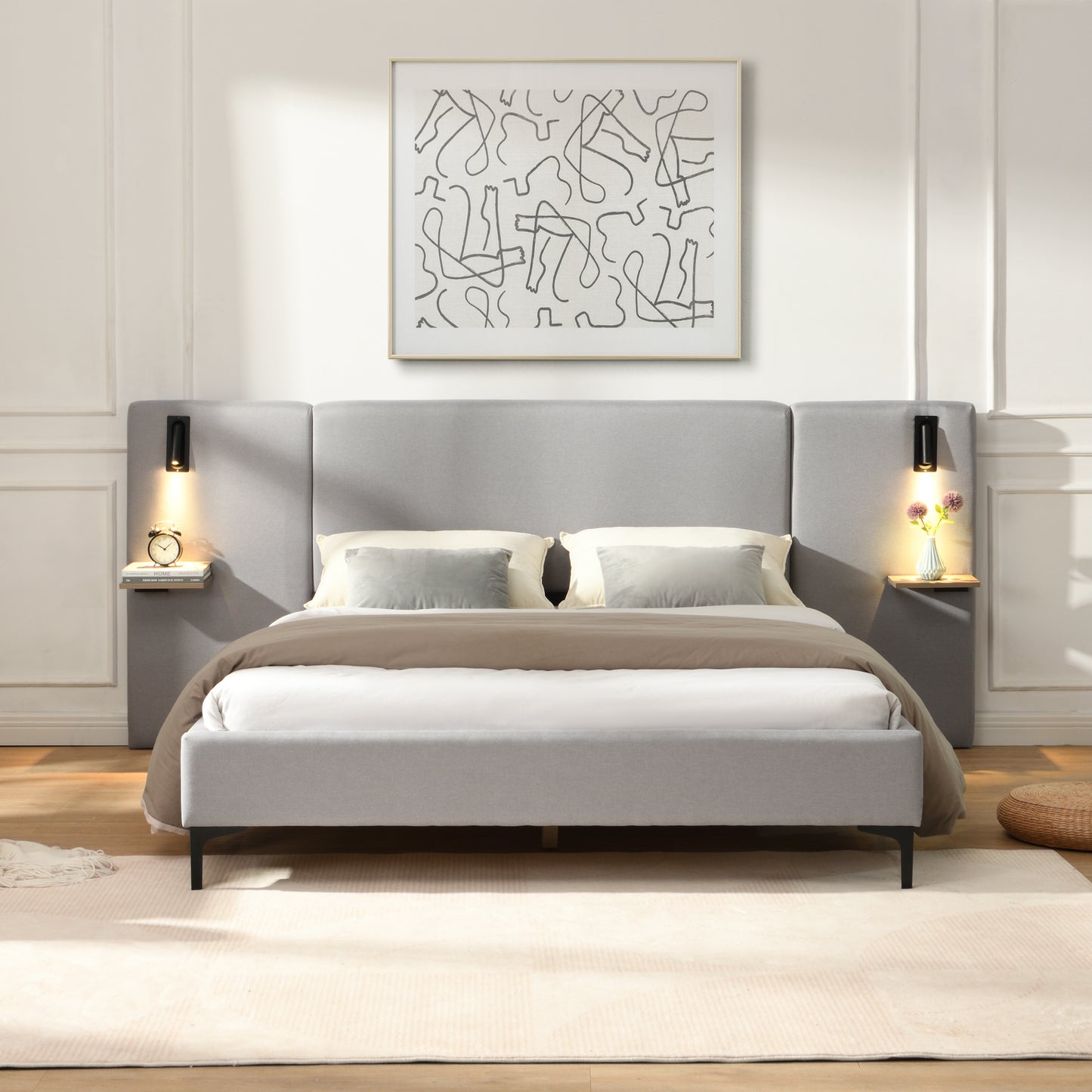 Luntra Luxe Queen Bed – Grey Linen Upholstered Frame with Built-In Lights & Shelves
