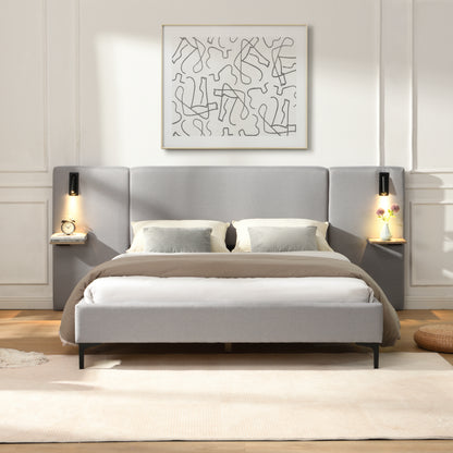 Luntra Luxe Queen Bed – Grey Linen Upholstered Frame with Built-In Lights & Shelves