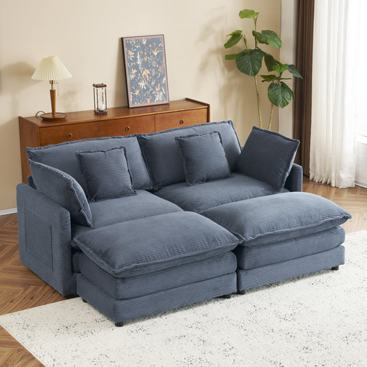 76' Modular Lounge – Corduroy Sofa with Side Storage & L-Shape Comfort (Blue)