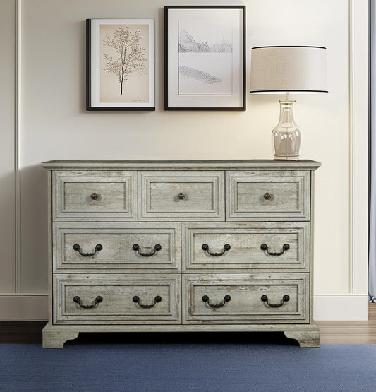 Alderly VintageWide – 7-Drawer Farmhouse Dresser with Carved Texture, Antique White