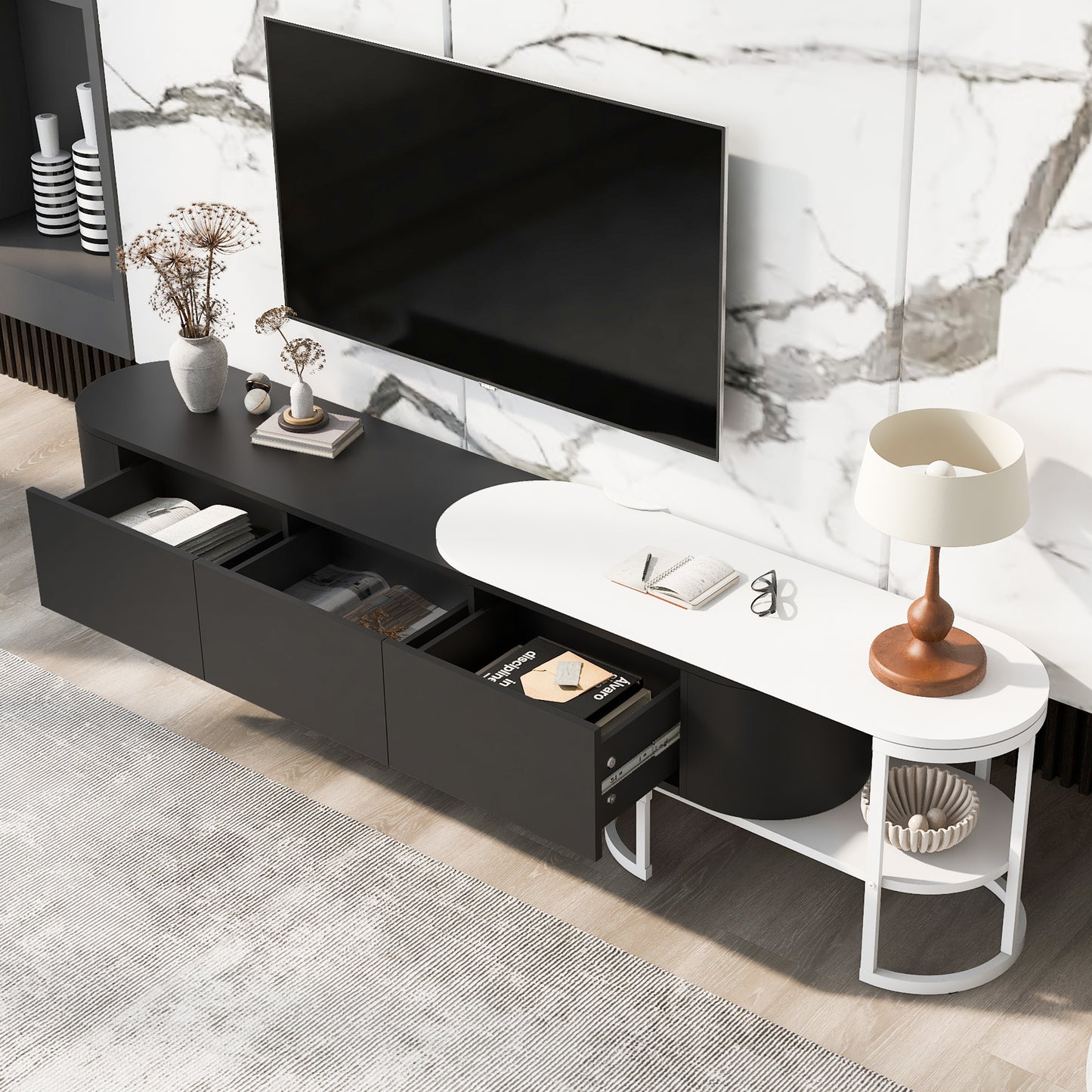 Uvalo Extend Console – 67.7"–76.4" Adjustable TV Cabinet with 3 Drawers