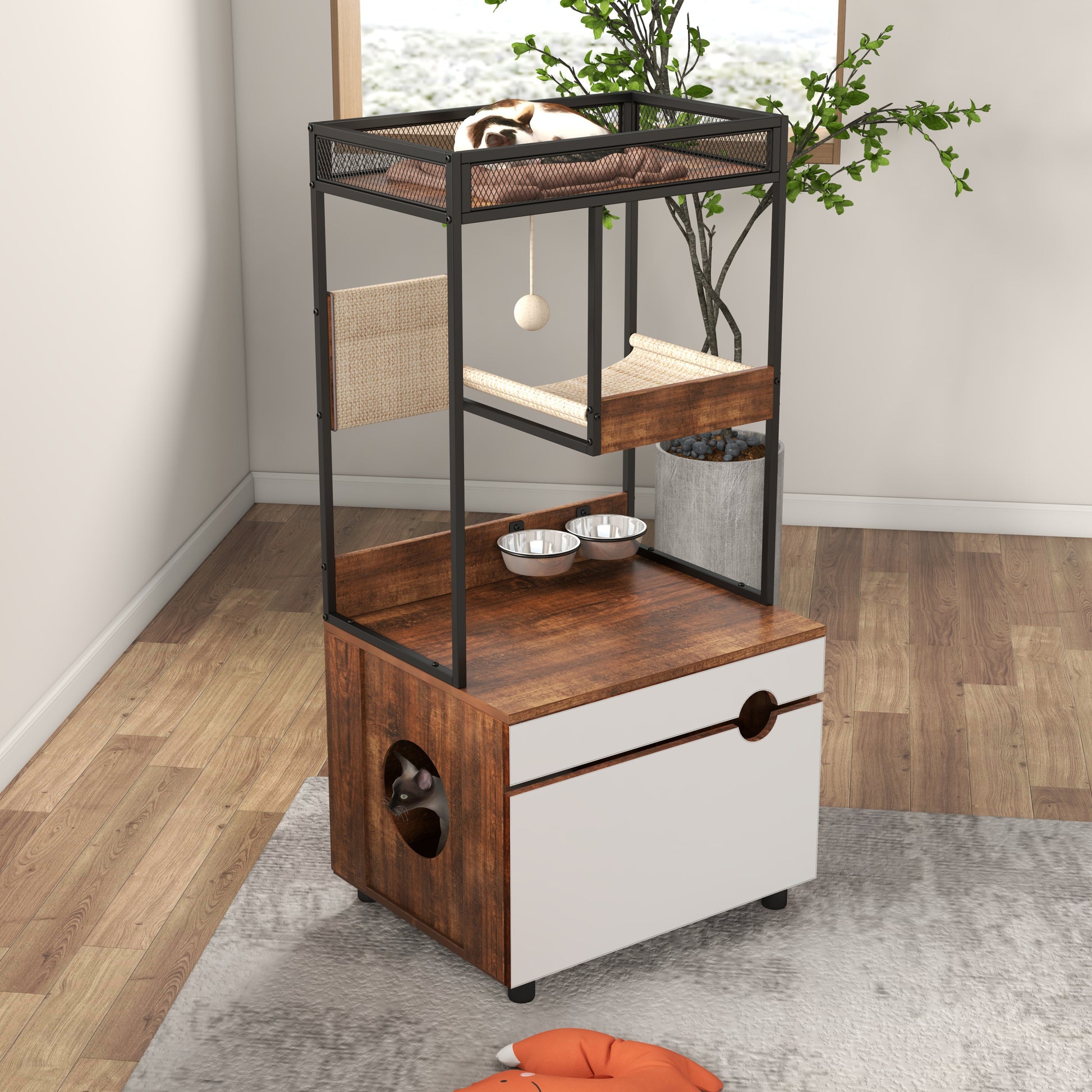 Nuvio Cat Tower Enclosure – Multi - Level Tree with Integrated Hidden Litter Cabinet & Climbing Zones - JUSTLIVE NESTJUSTLIVE NEST