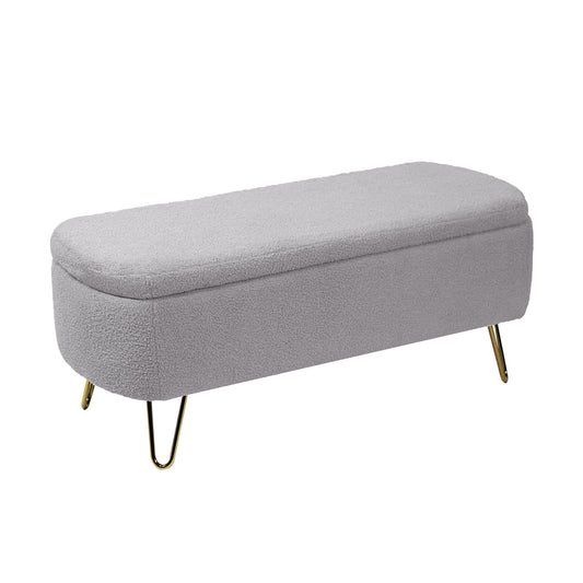 Floria Bench – Gray Faux Fur Storage with Gold Legs