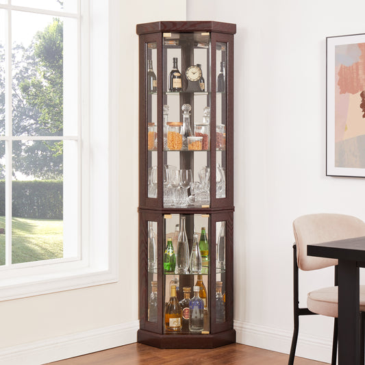 Luntra Corner Glow – Dark Cherry Curio Cabinet with Lights for Wine & Display Use