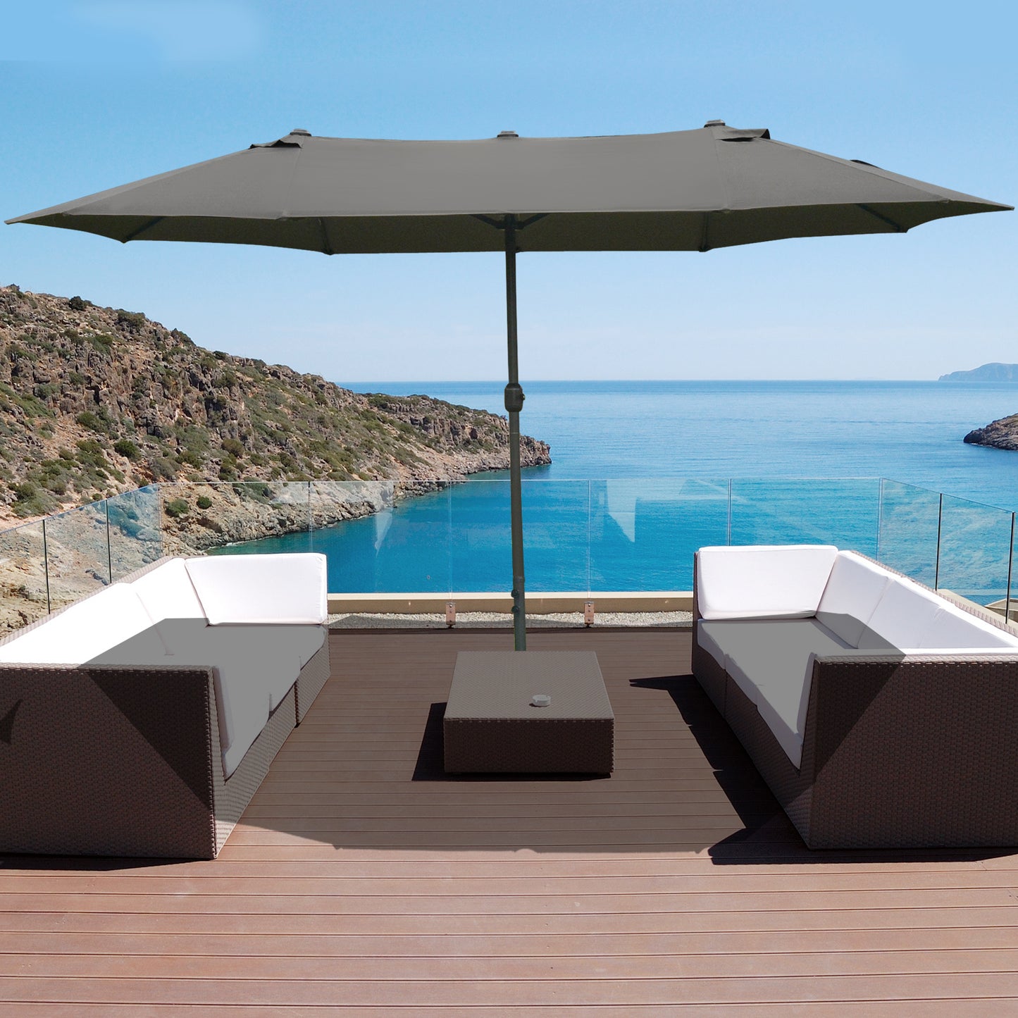 Solair 10' LED Offset Umbrella – Cantilever Patio Shade with Solar Lights, Power Bank & 360° Tilt (Khaki) - JUSTLIVE NESTJUSTLIVE NEST