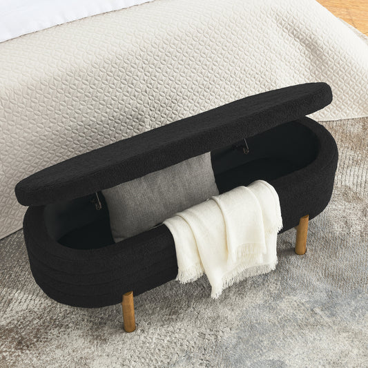 Elvar Oval – Black Upholstered Storage Bench with Wood Legs