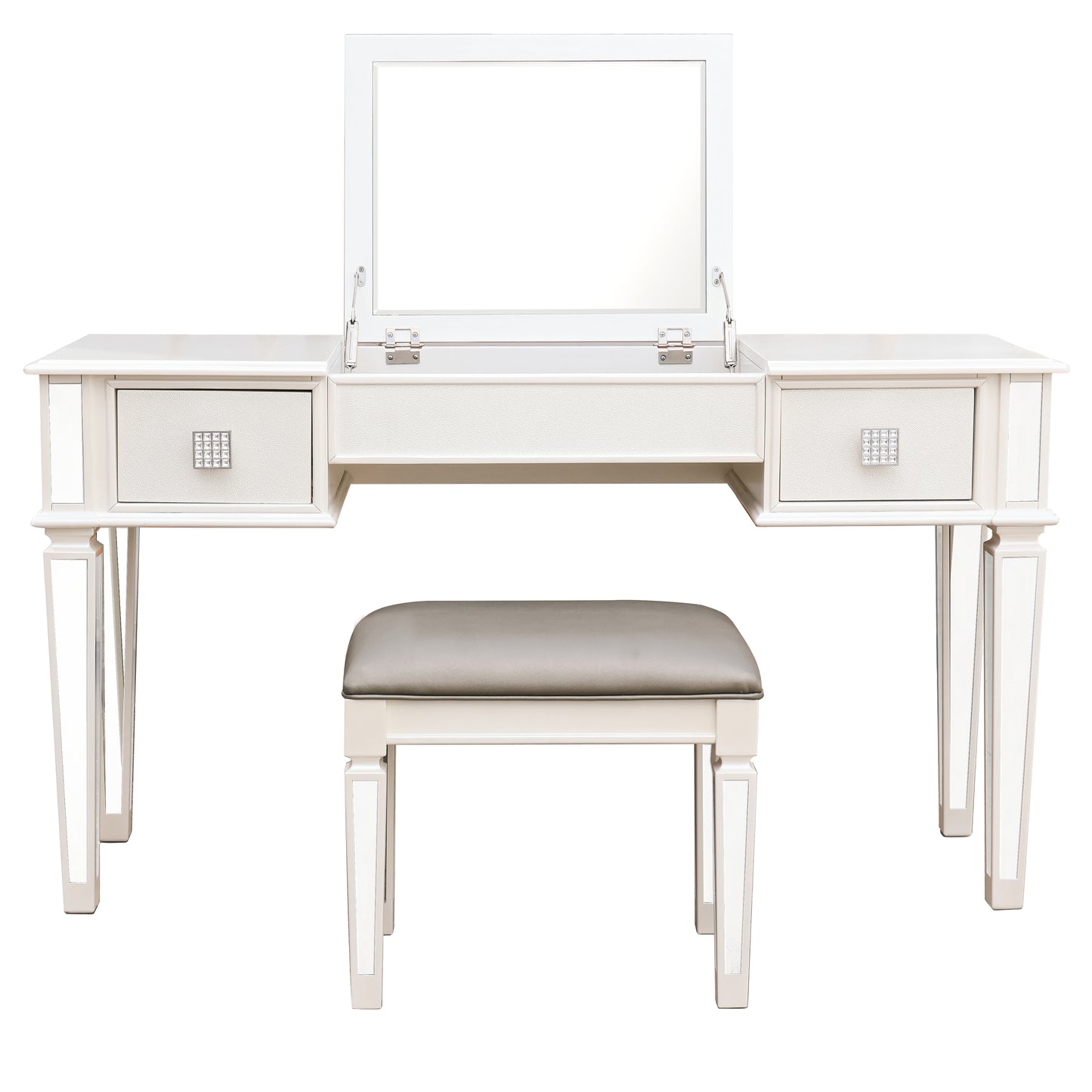 Glistra Silver Flip – 54" Silver Mirrored Vanity Desk with Hidden Flip Mirror & Drawers