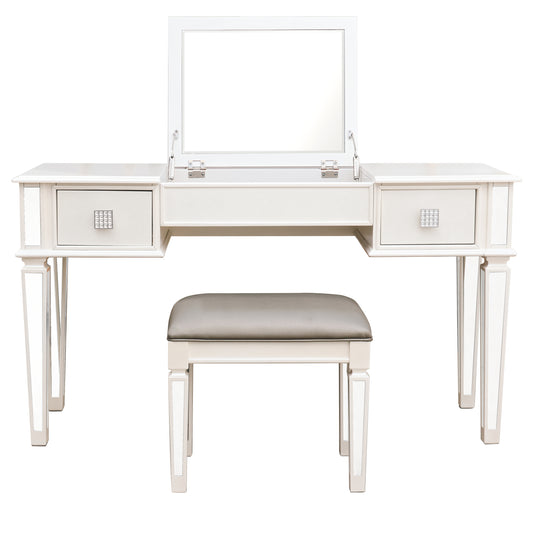 Glistra Silver Flip – 54" Silver Mirrored Vanity Desk with Hidden Flip Mirror & Drawers