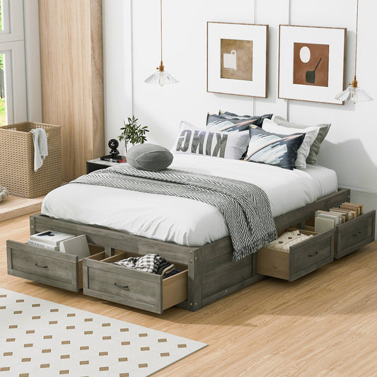 Stravelle Full Bed – Antique Gray Platform with 6 Storage Drawers