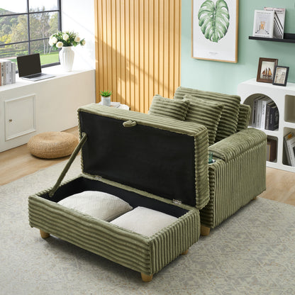 NestEdge ‘CordiNest” Single Sofa Set – Green Corduroy | 1 Pillow + 2 Throws + Footstool + Dual Storage