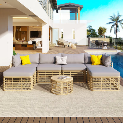 GO 7-Piece Rattan Sectional – Gray Modular Outdoor Sofa Set with Cushions & Pillows for Garden or Balcony