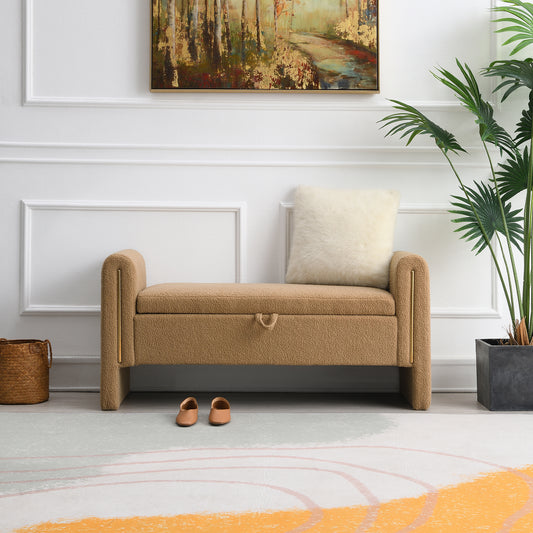 TeddyArm Storage Bench – Coffee Bouclé with Arms, Soft Lounge Seating