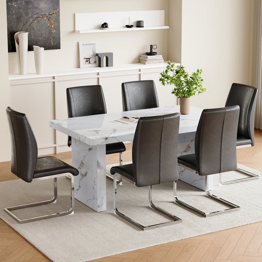 Volara 63" Dining Set – Veinstone MDF Table with 6 Arcluxe Dark Gray PU Chairs