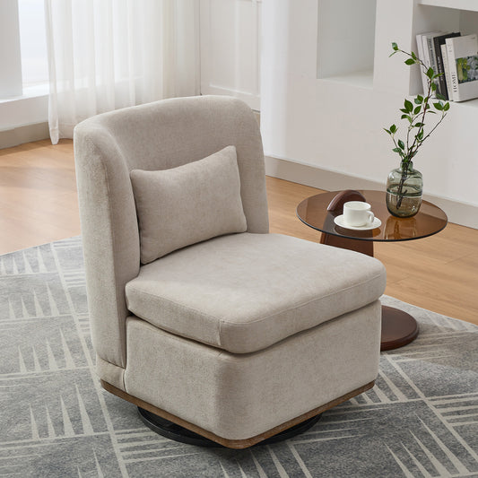 Veluna Chair – Soft Beige Chenille, 360° Swivel Metal Base, Pillow Included