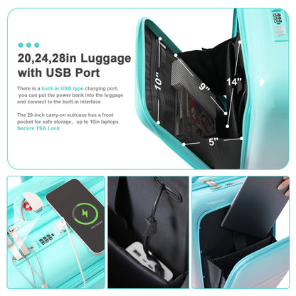 Jetera 3 - Piece Carry - On Luggage Set – Light Blue ABS+PC Hard Shell with USB Port, Cup Holder & Front - Opening Design (20/24/28") - JUSTLIVE NESTJUSTLIVE NEST