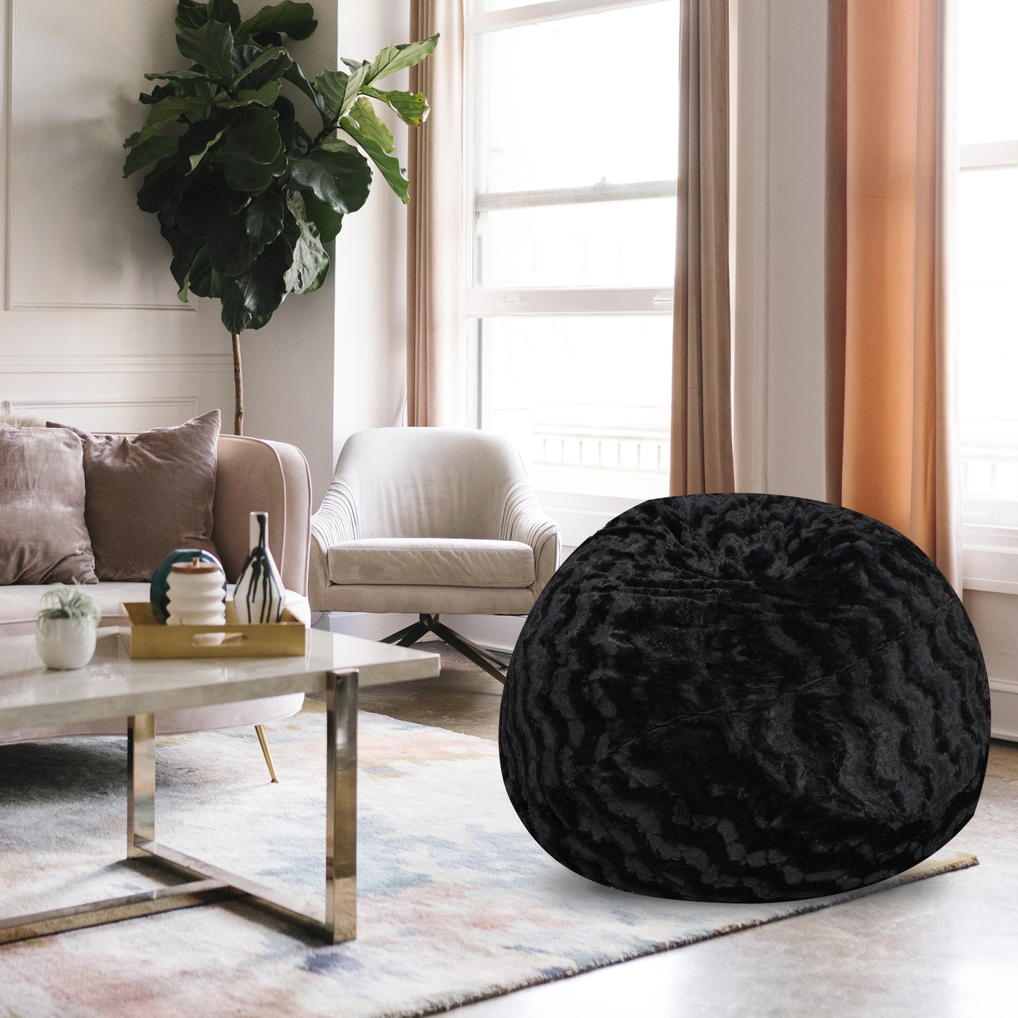 Vesta Fur Chair – 5-Ft Faux Fur Bean Chair in Stretch Fabric (Black)