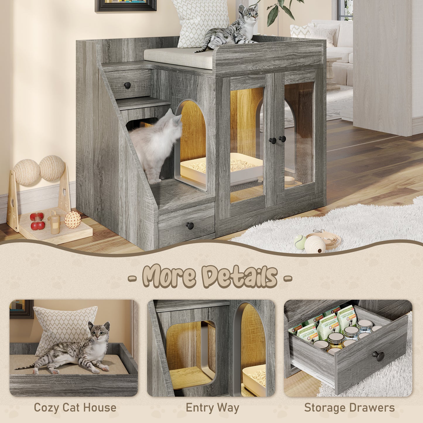 Nuvio LED Cat Litter Cabinet – Hidden Enclosure with Dual Drawers & Side Table Design - JUSTLIVE NESTJUSTLIVE NEST