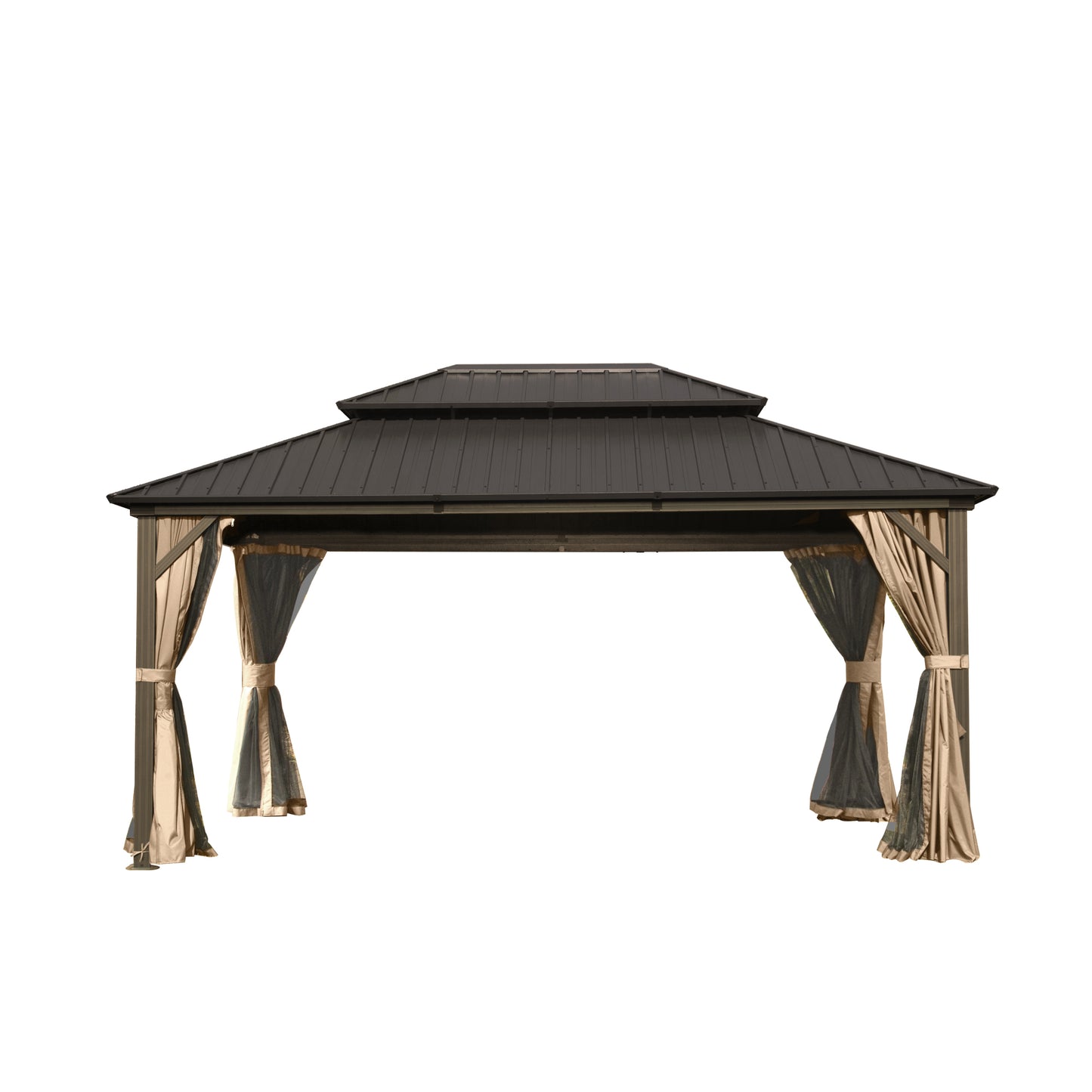 Aurelia 12x14' Hardtop Gazebo – Brown Aluminum Frame with Galvanized Roof, Curtains & Netting - JUSTLIVE NESTJUSTLIVE NEST