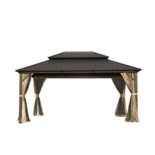 Aurelia 12x14' Hardtop Gazebo – Brown Aluminum Frame with Galvanized Roof, Curtains & Netting - JUSTLIVE NESTJUSTLIVE NEST