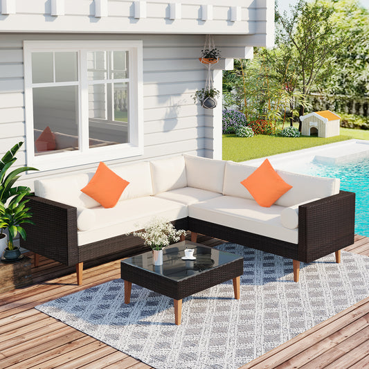 Solvia Lounge Set – 4-Piece L-Shape Beige Wicker Sofa with Colorful Pillows